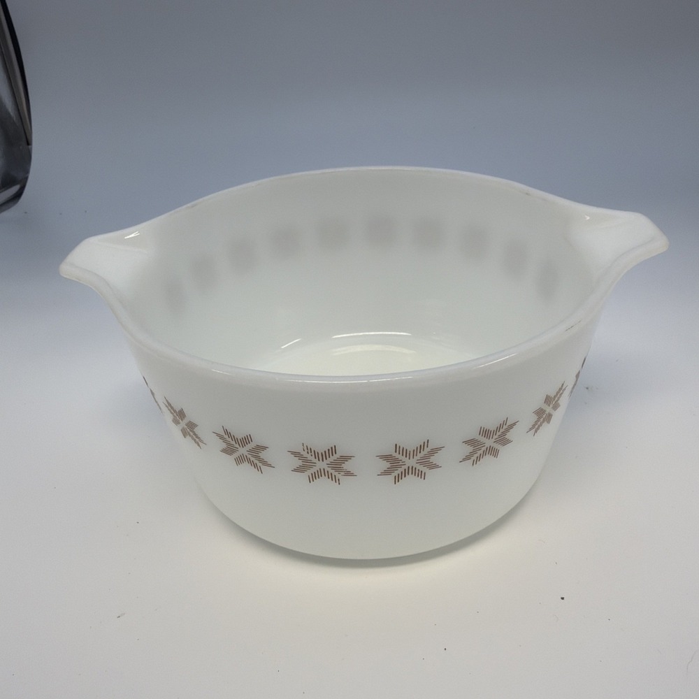 Vtg Pyrex White Town & Country Star Brown Snowflake 1 Quart Casserole Dish #473